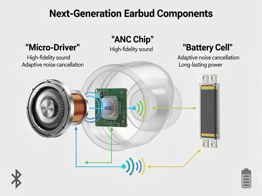 Infographic showing internal components of advanced earbuds