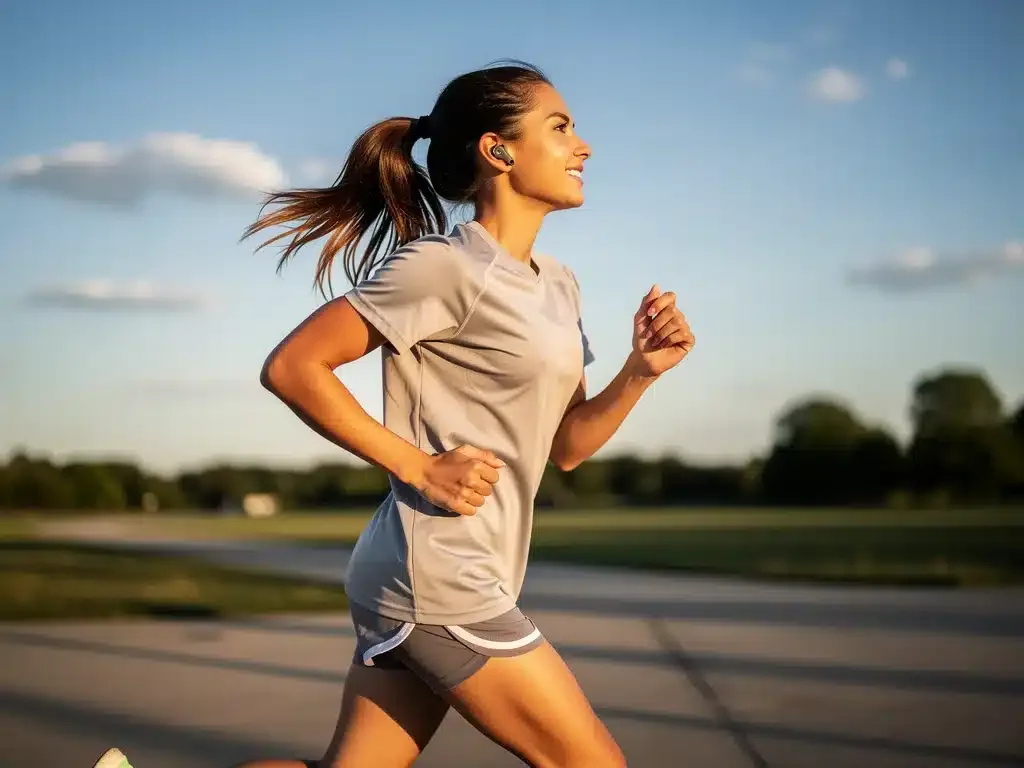 Person jogging with advanced wireless earbuds enjoying music