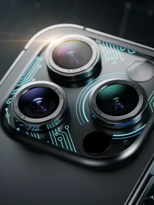 Futuristic smartphone camera module with advanced lenses and AI glowing indicators