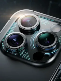 Futuristic smartphone camera module with advanced lenses and AI glowing indicators