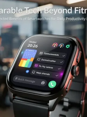 Modern smartwatch showing productivity apps in an urban office setting.