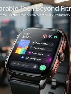 Modern smartwatch showing productivity apps in an urban office setting.