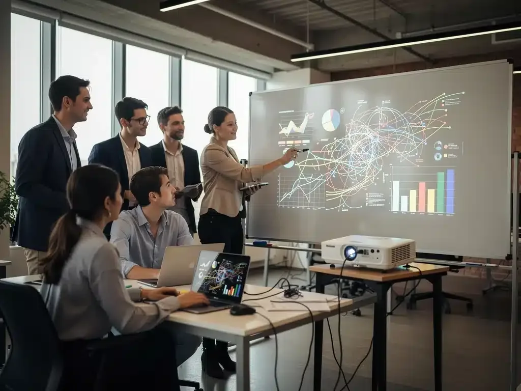 Professionals collaborating with portable projector for data visualization