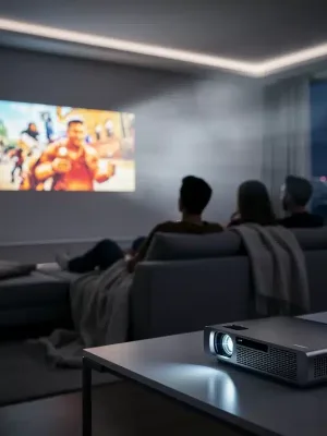 Futuristic living room with portable projector displaying movie, 2026