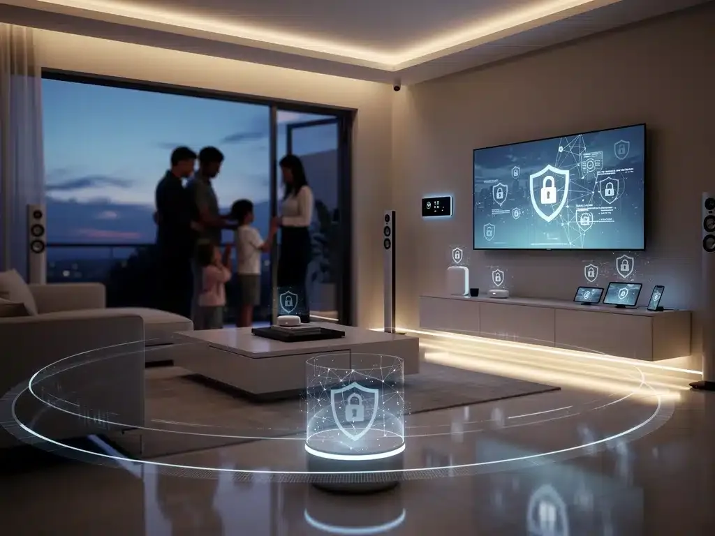 Futuristic smart home digital security system protecting family