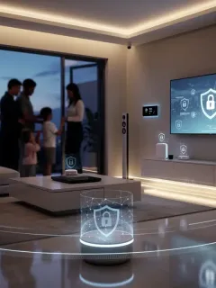 Futuristic smart home digital security system protecting family