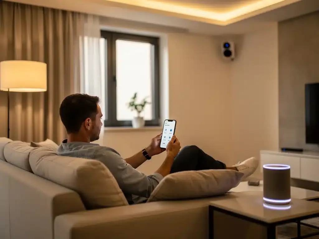 Person controlling smart home appliances via smartphone app