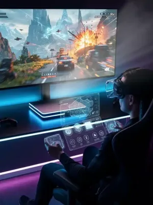 Futuristic gaming console setup with VR/AR glasses and holographic display.