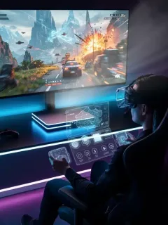 Futuristic gaming console setup with VR/AR glasses and holographic display.