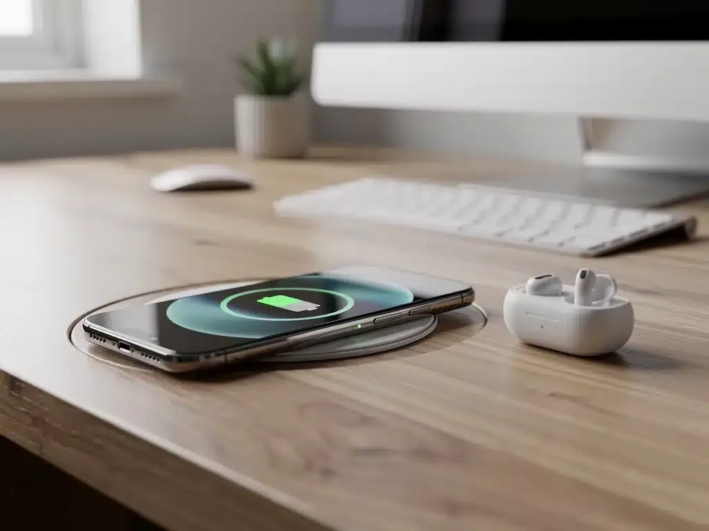 Inductive charging pad seamlessly integrated into a wooden desk, powering multiple devices.