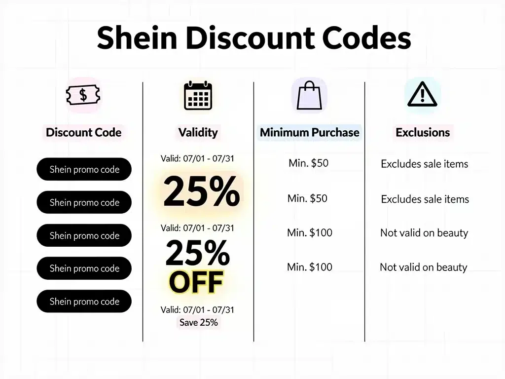 Comparison of Shein discount code terms and conditions for 25% savings