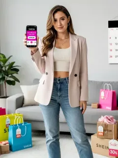 Young woman using Shein app with influencer codes for March 2026 discounts.