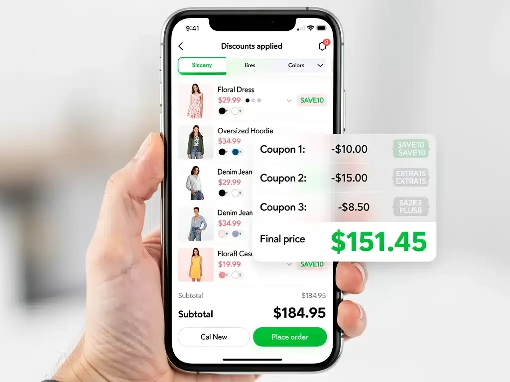 Shein app displaying stacked discount codes on a smartphone for maximum savings.