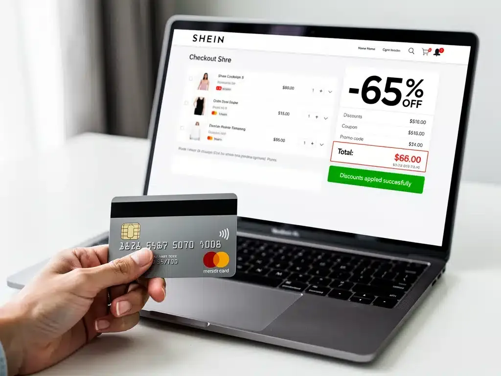 Hand with credit card at Shein checkout, reflecting substantial percentage off from discounts.