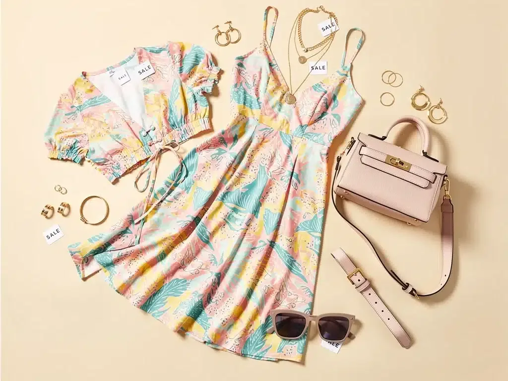 Flat lay of diverse trendy Shein clothing and accessories for sale.