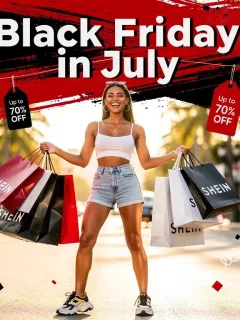 Woman with Shein shopping bags, celebrating Black Friday in July 2026 sales.