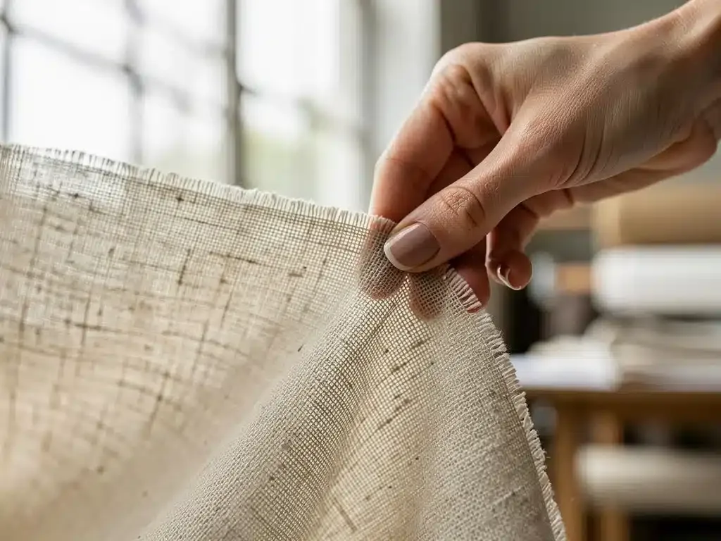 Close-up of organic linen fabric swatch emphasizing sustainable materials
