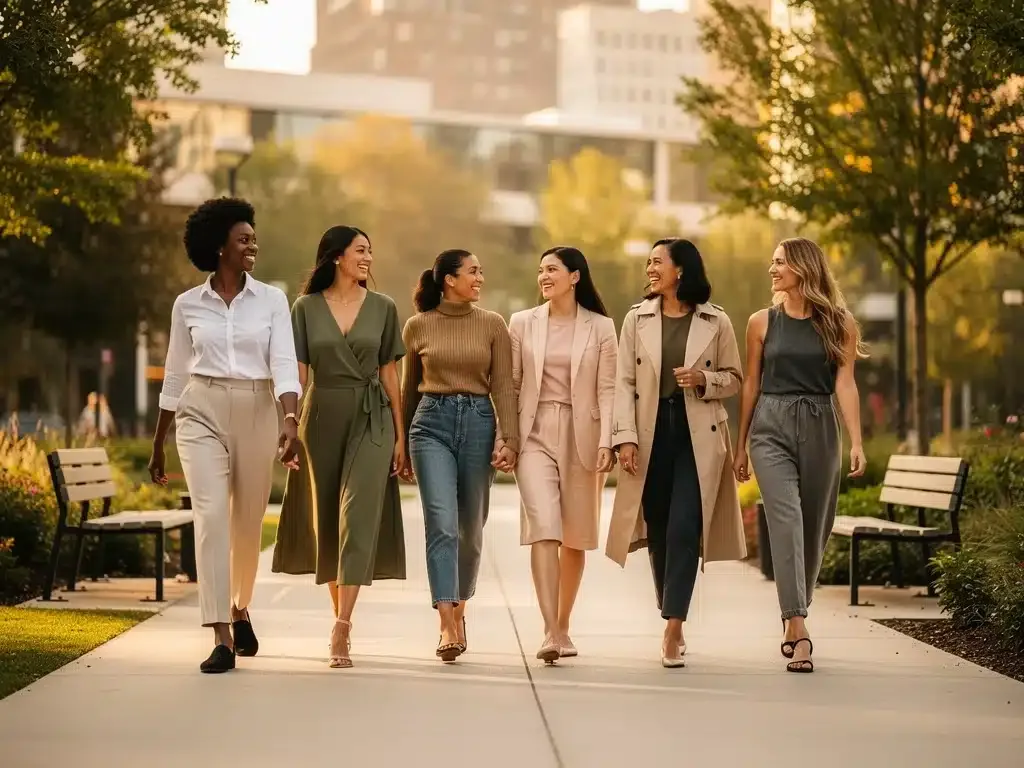 Diverse women showcasing versatile sustainable capsule wardrobe pieces in a park