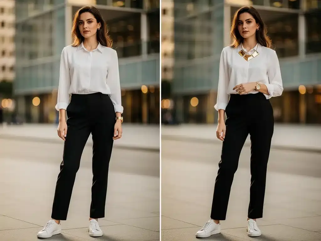 Woman elevating outfit with statement necklace and watch, 2026 fashion
